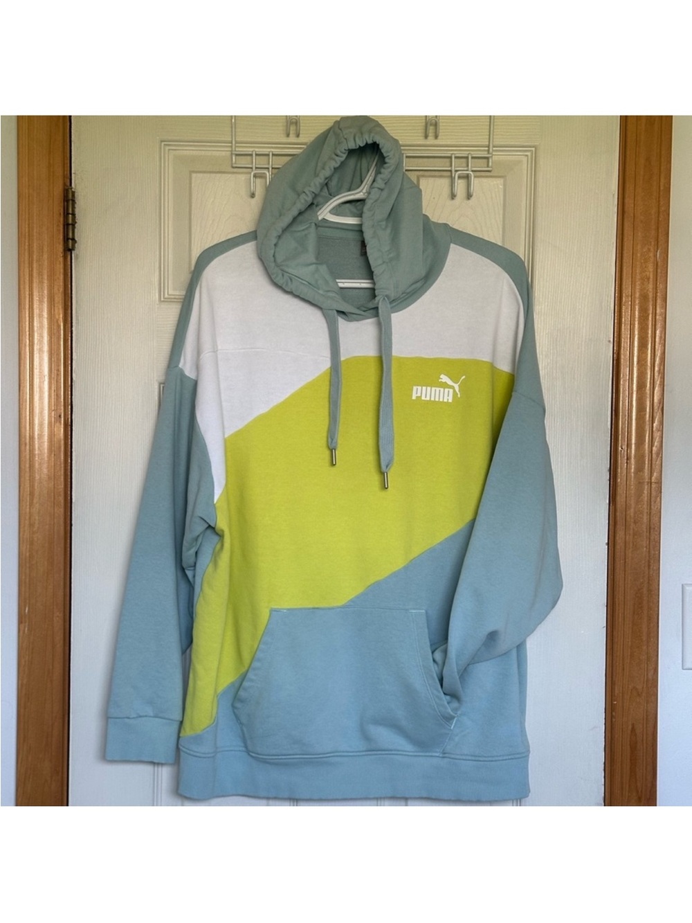 Puma Colorblock Hoodie Sweatshirt in Light Blue, Lime and White sz XL